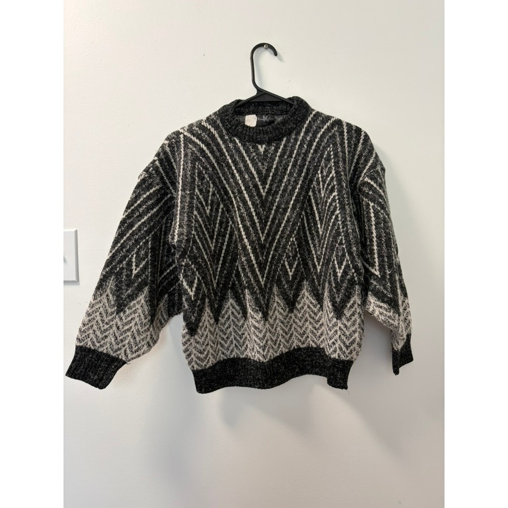 Kennington Italia Vintage Geometric Chevron Knit Mock Neck Sweater Black Grey L